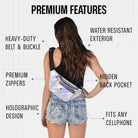 Premium features of Rave Fanny Pack including water resistant exterior and holographic design.