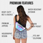 A woman showcasing the Rave Fanny Pack highlighting its premium features like water resistance and holographic design.