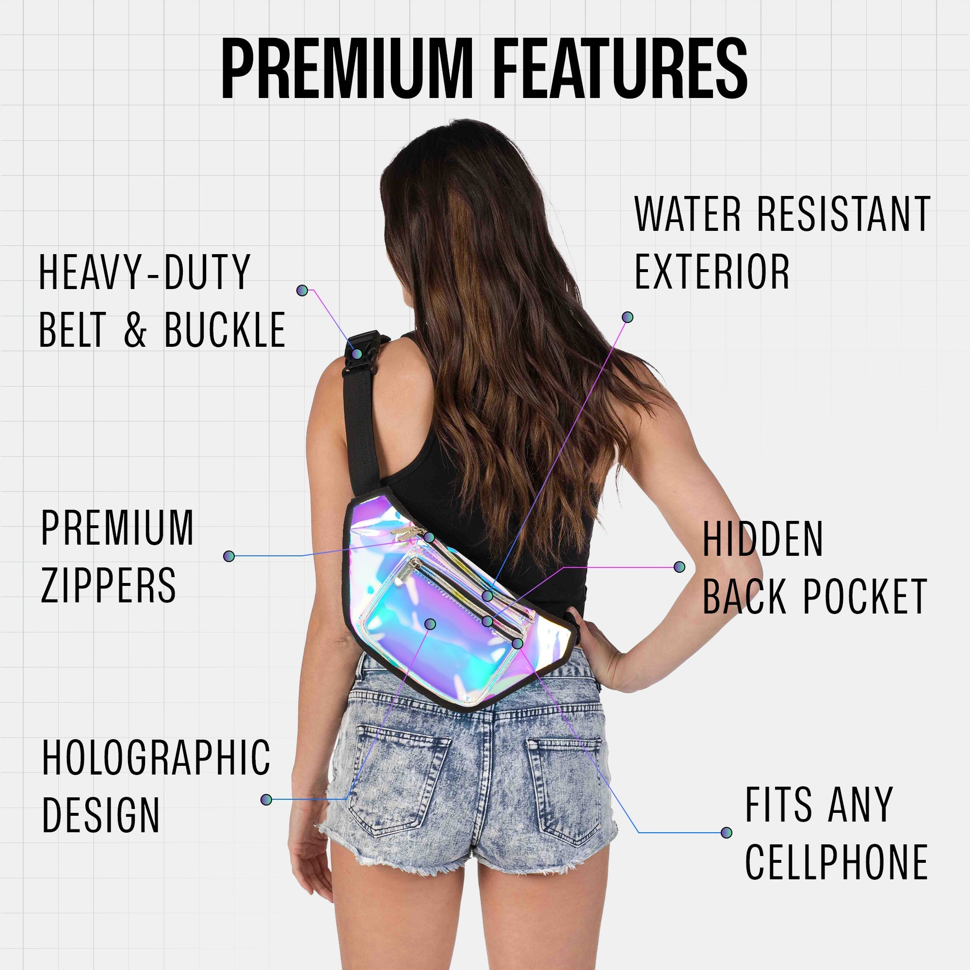 A woman showcasing the Rave Fanny Pack highlighting its premium features like water resistance and holographic design.