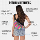 Rave Fanny Pack features heavy-duty buckle, water-resistant exterior, hidden back pocket, fits any cellphone, holographic design.