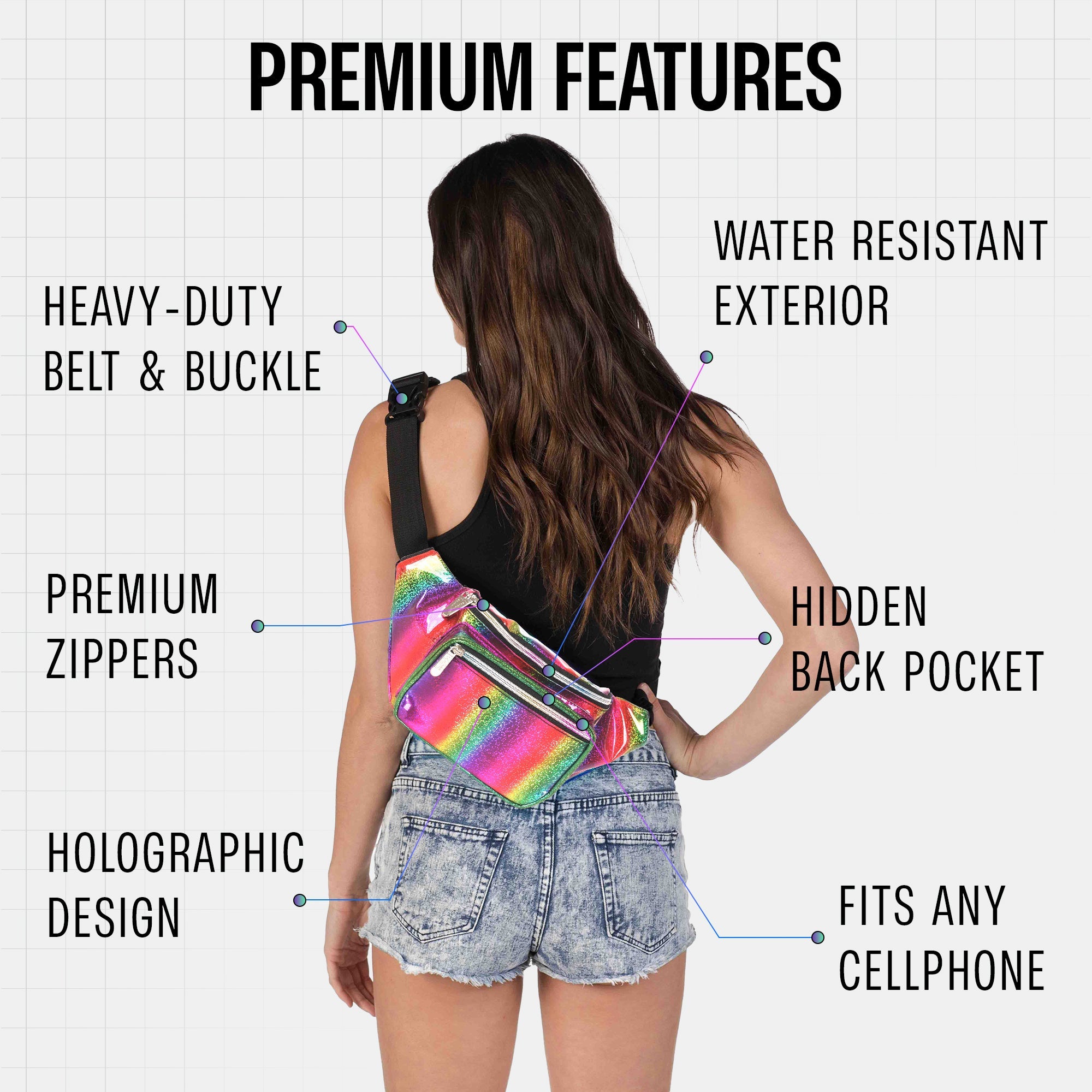 Rave Fanny Pack features heavy-duty buckle, water-resistant exterior, hidden back pocket, fits any cellphone, holographic design.