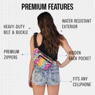 Rave Fanny Pack showcasing premium features like water-resistant exterior and hidden back pocket.
