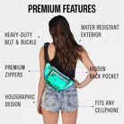 Rave Fanny Pack showcasing premium features like water-resistant exterior and holographic design.