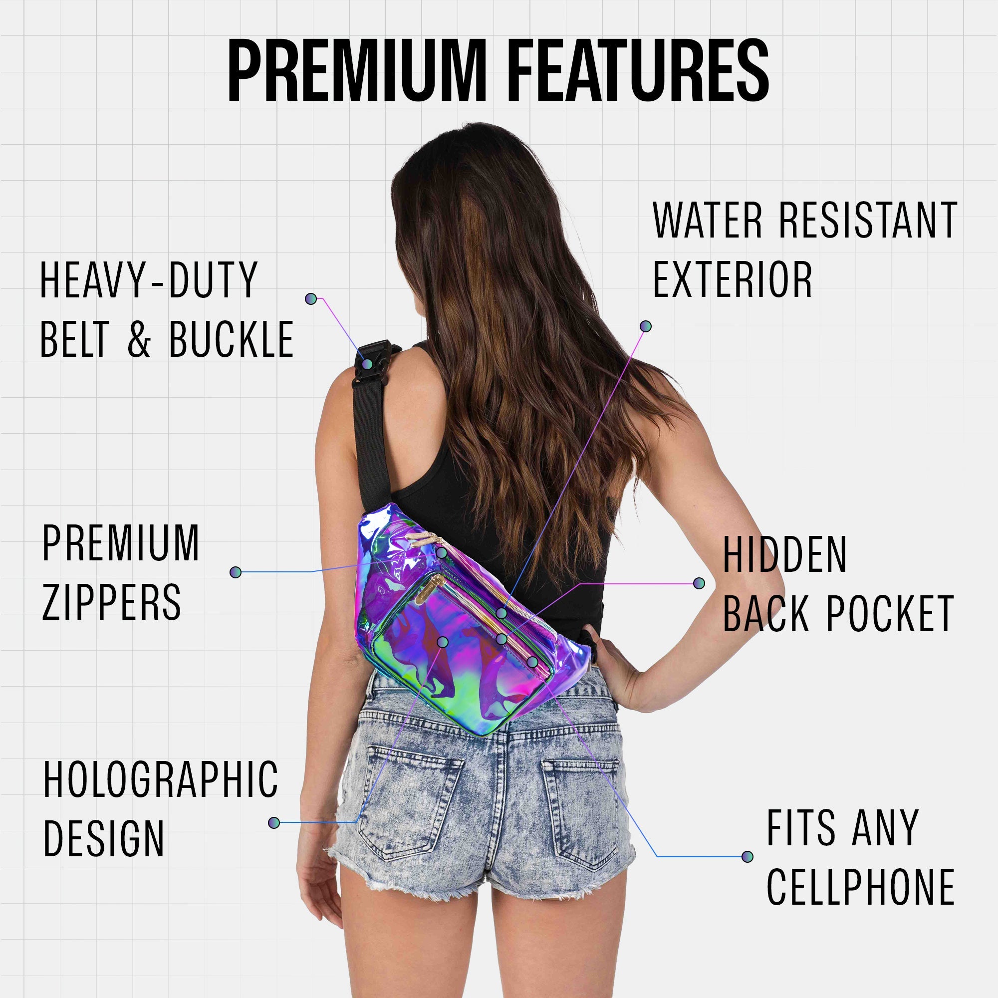 Rave Fanny Pack showcasing premium features like holographic design and water-resistant exterior.