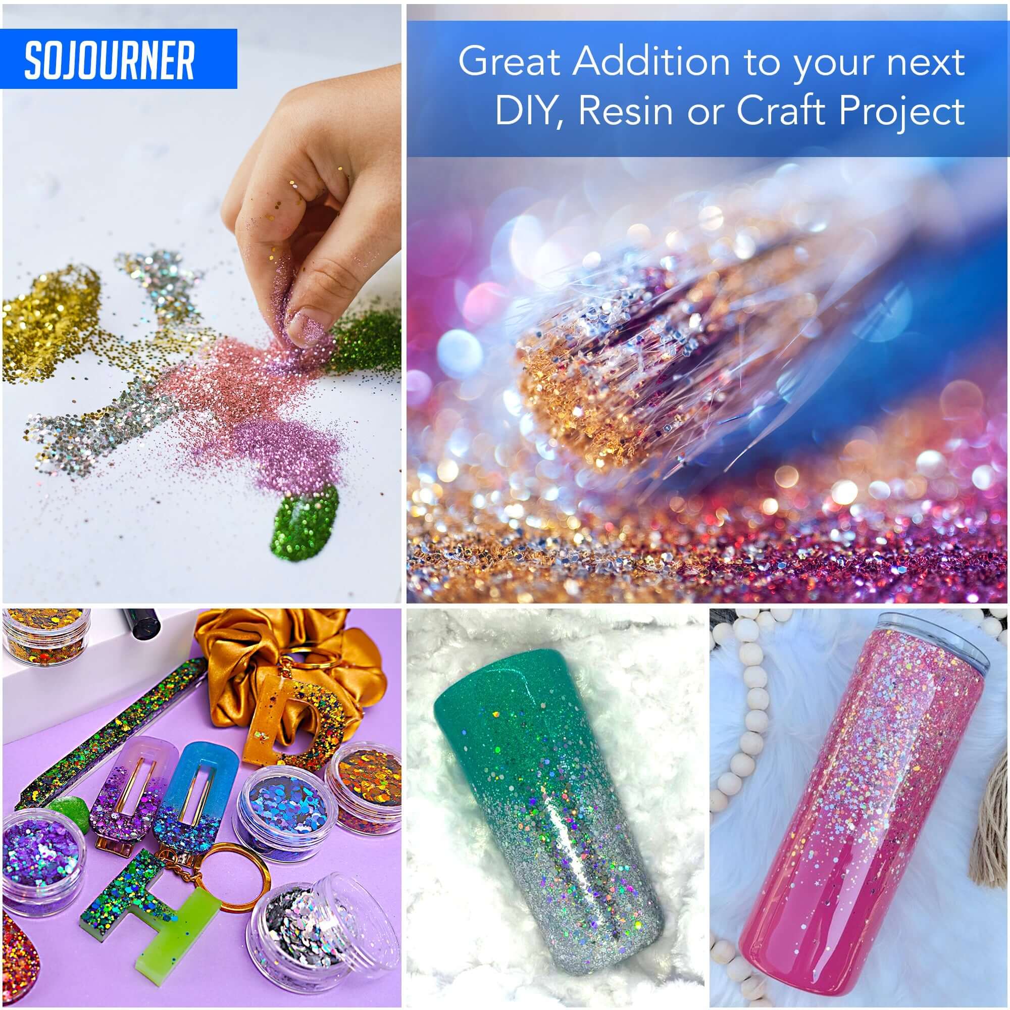 16 pack + 1 glitter glue Chunky Cosmetic Holographic Glitter | Body, Face & Hair Safe displayed in various craft projects.