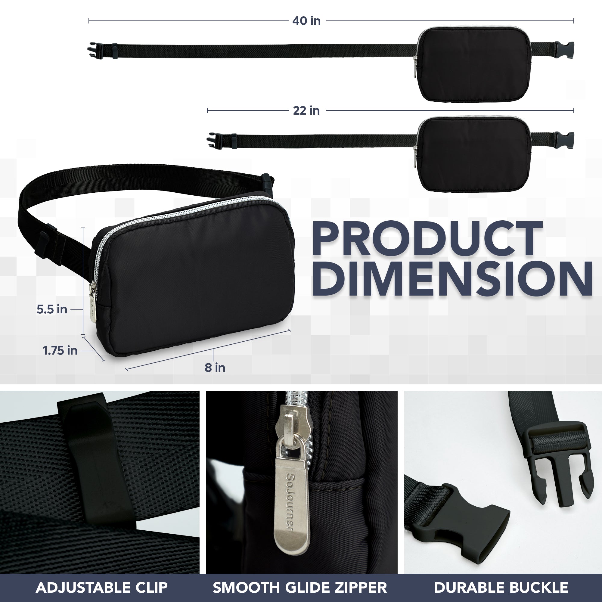 Fanny Pack (1 Pocket) product dimensions showing adjustable clip, zipper, and durable buckle for versatile use.