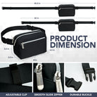 Fanny Pack (3 Pocket) dimensions showing adjustable clip, zippers, and durable buckle for rave outfits.