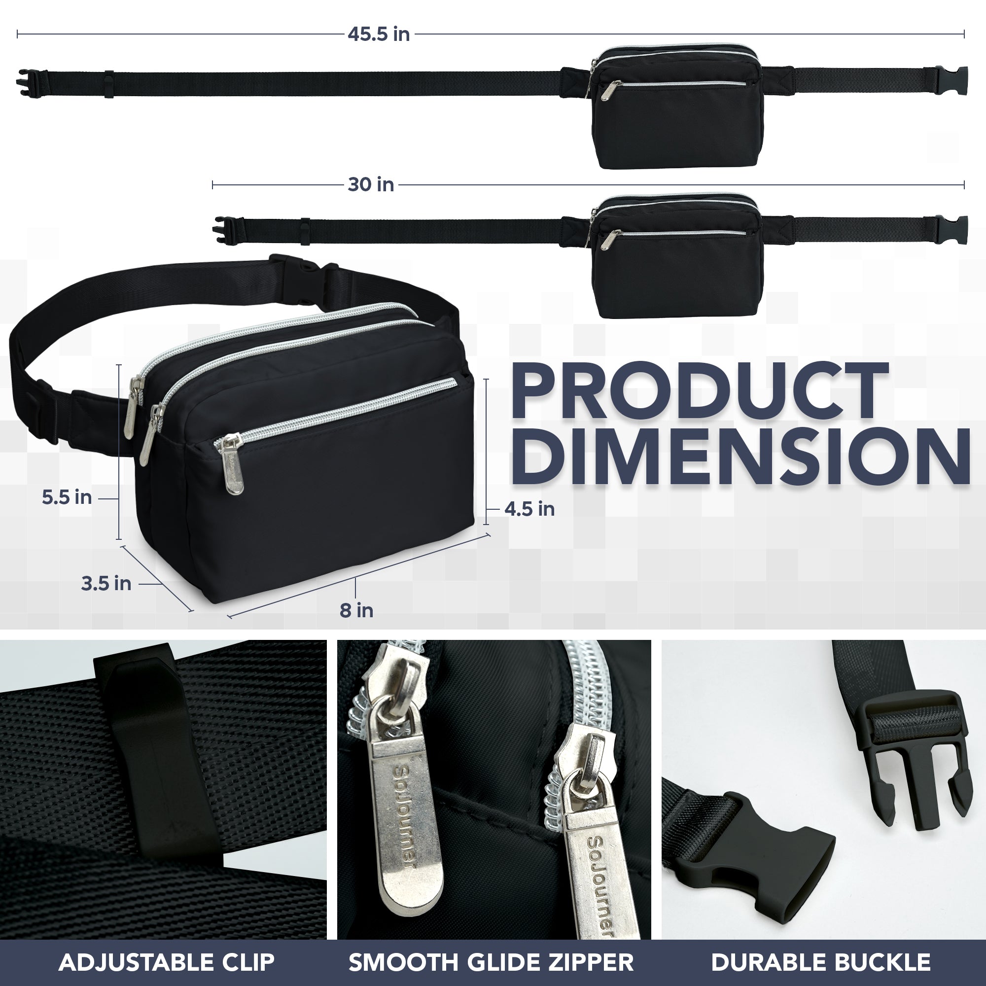 Fanny Pack (3 Pocket) dimensions showing adjustable clip, zippers, and durable buckle for rave outfits.