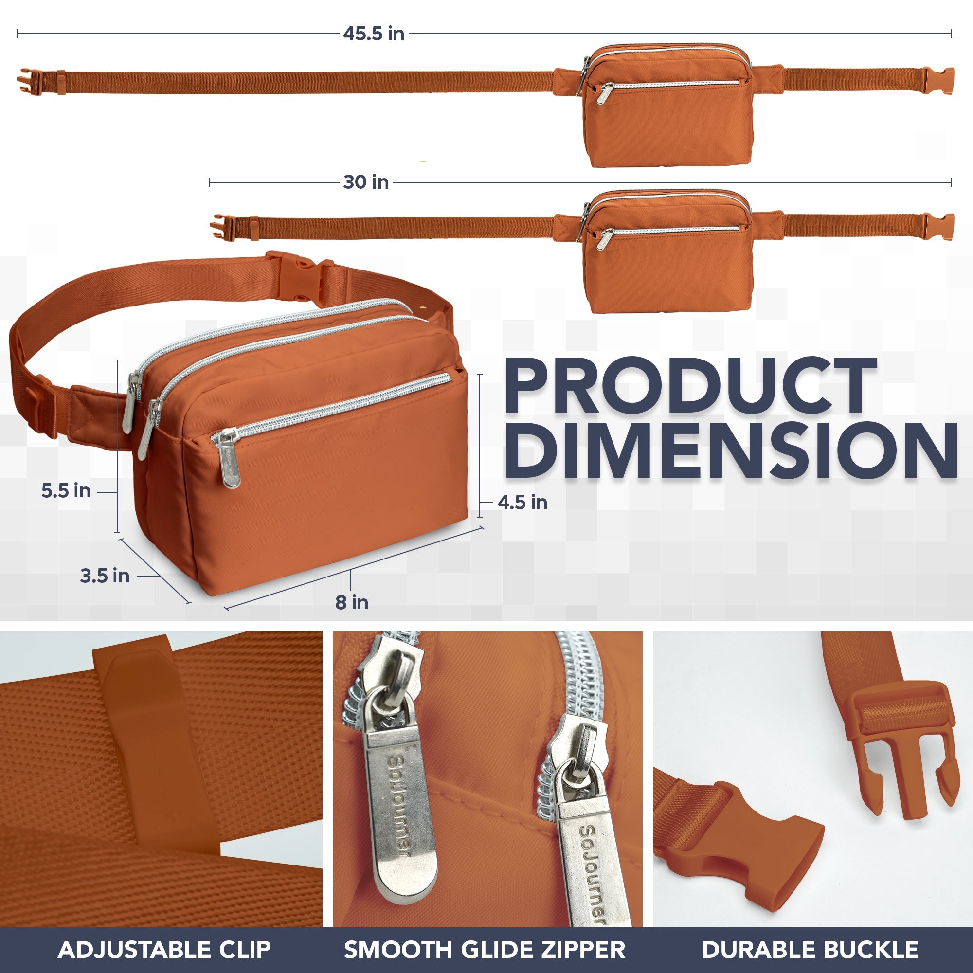 Fanny Pack (3 Pocket) product dimensions showcasing adjustable clip, smooth glide zipper, and durable buckle.