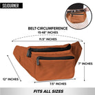 Fanny Pack (Solids) size diagram showing dimensions and fit for rave outfits, suitable for all body sizes.