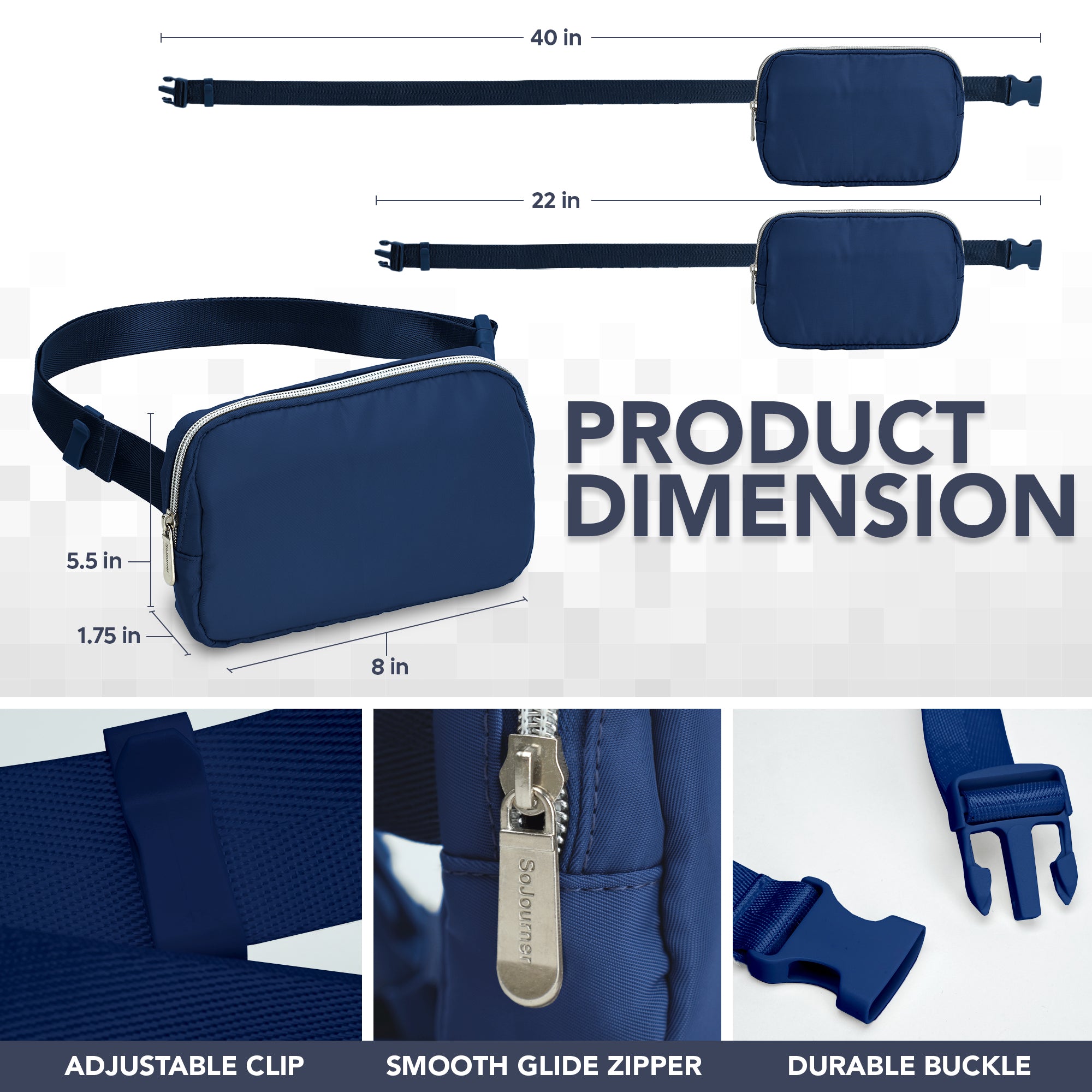 Fanny Pack (1 Pocket) dimensions, featuring adjustable clip, smooth zipper, and durable buckle for stylish rave outfits.