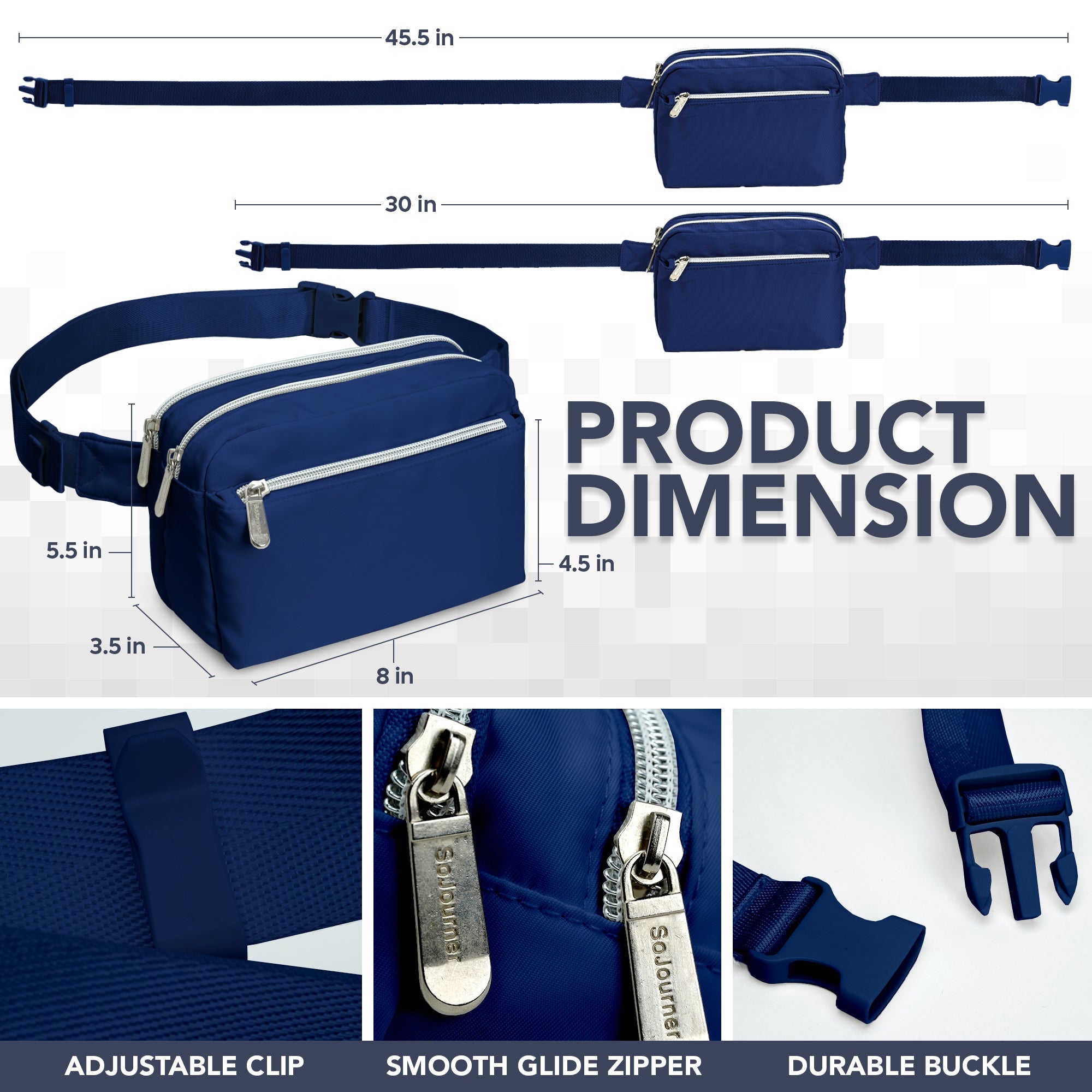 Fanny Pack (3 Pocket) dimensions showcasing adjustable clip, smooth glide zipper, and durable buckle.