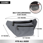 Fanny Pack (Solids) dimensions showing spacious design and adjustable fit for rave outfits, 12 inches width, 7 inches height.
