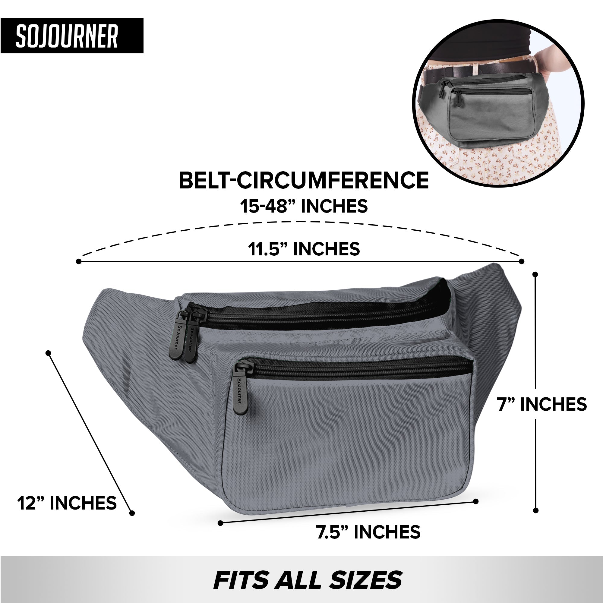 Fanny Pack (Solids) dimensions showing spacious design and adjustable fit for rave outfits, 12 inches width, 7 inches height.