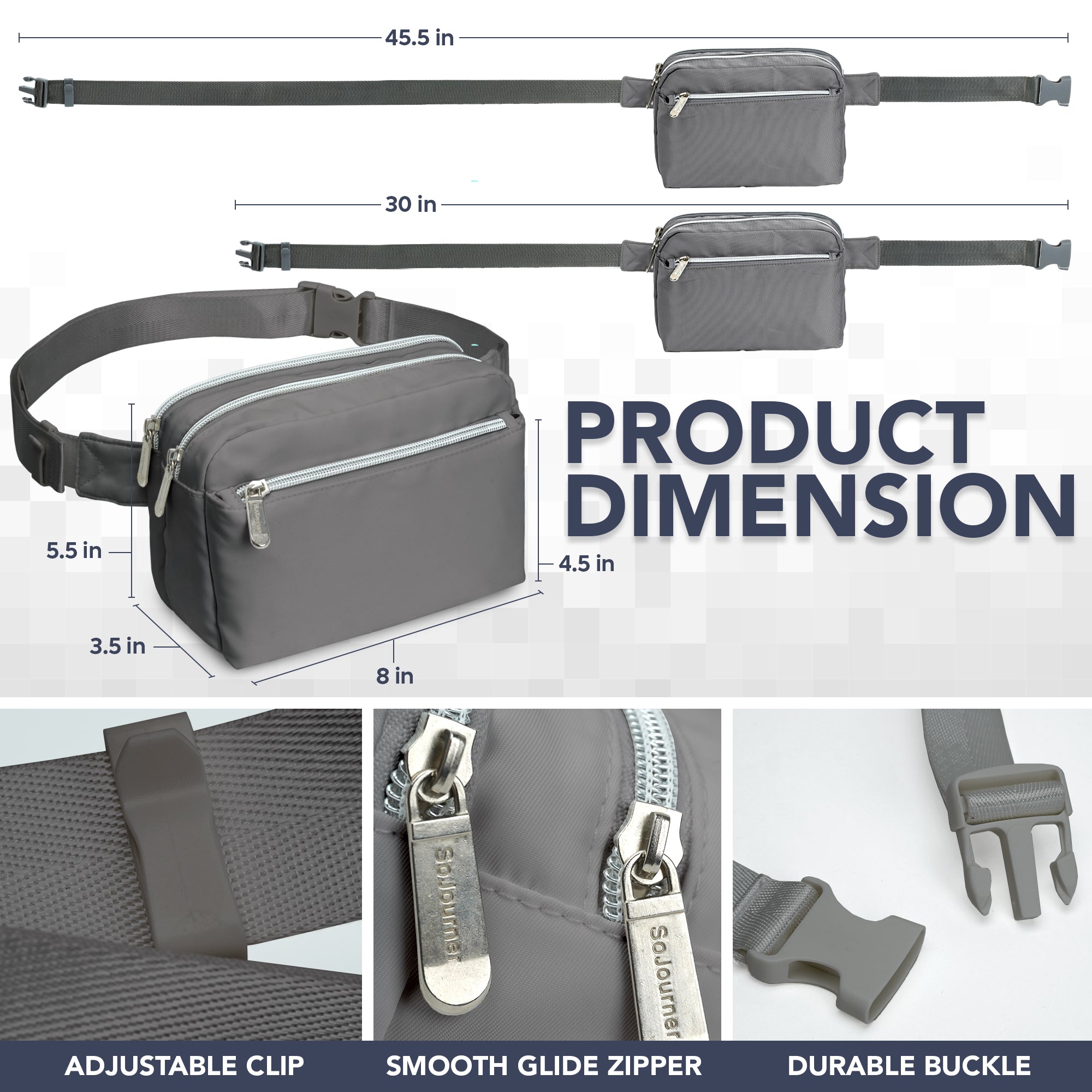 Fanny Pack (3 Pocket) dimensions showcasing adjustable clip, durable buckle and zippers for rave outfits.