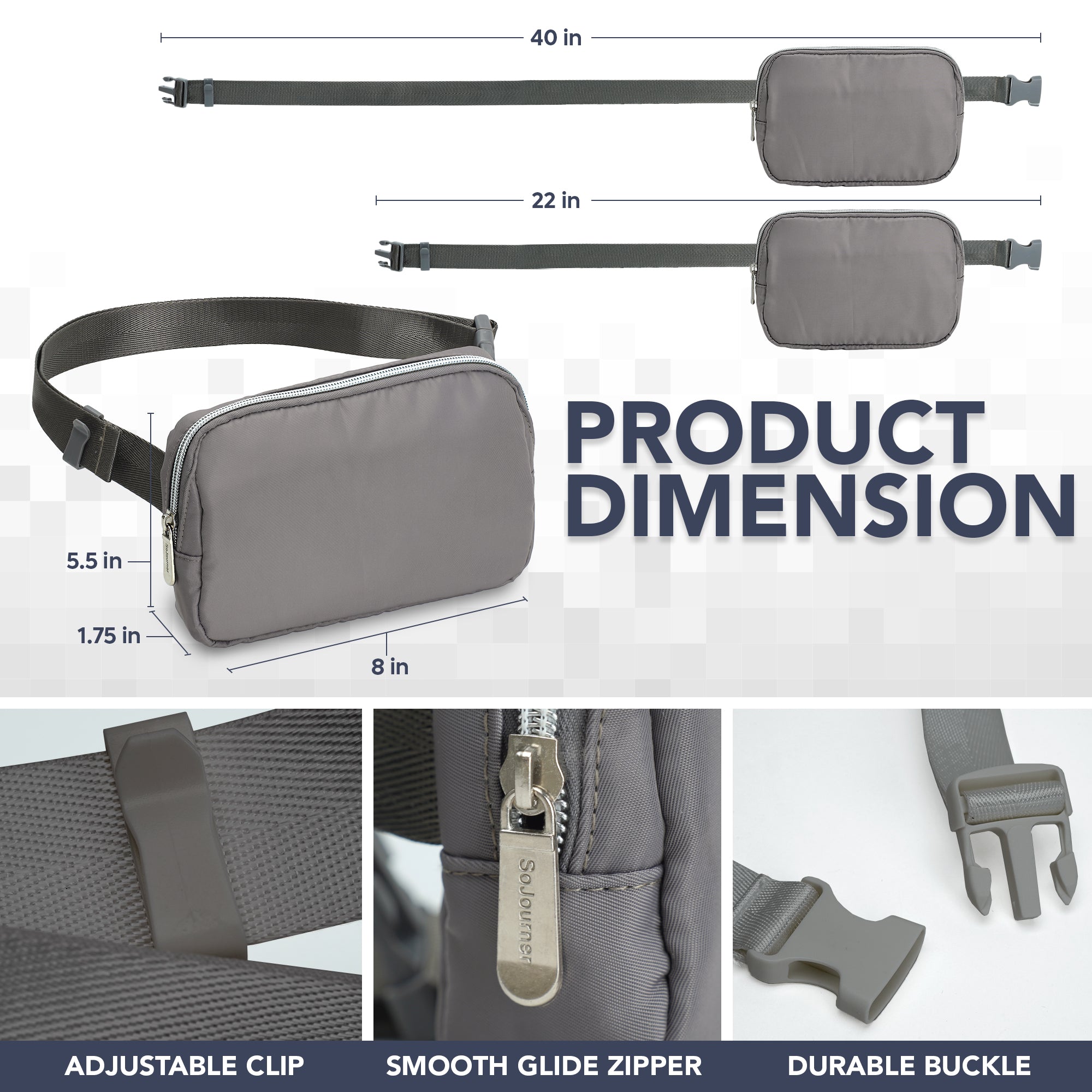 Fanny Pack (1 Pocket) product dimensions including adjustable clip and smooth glide zipper for rave outfits.