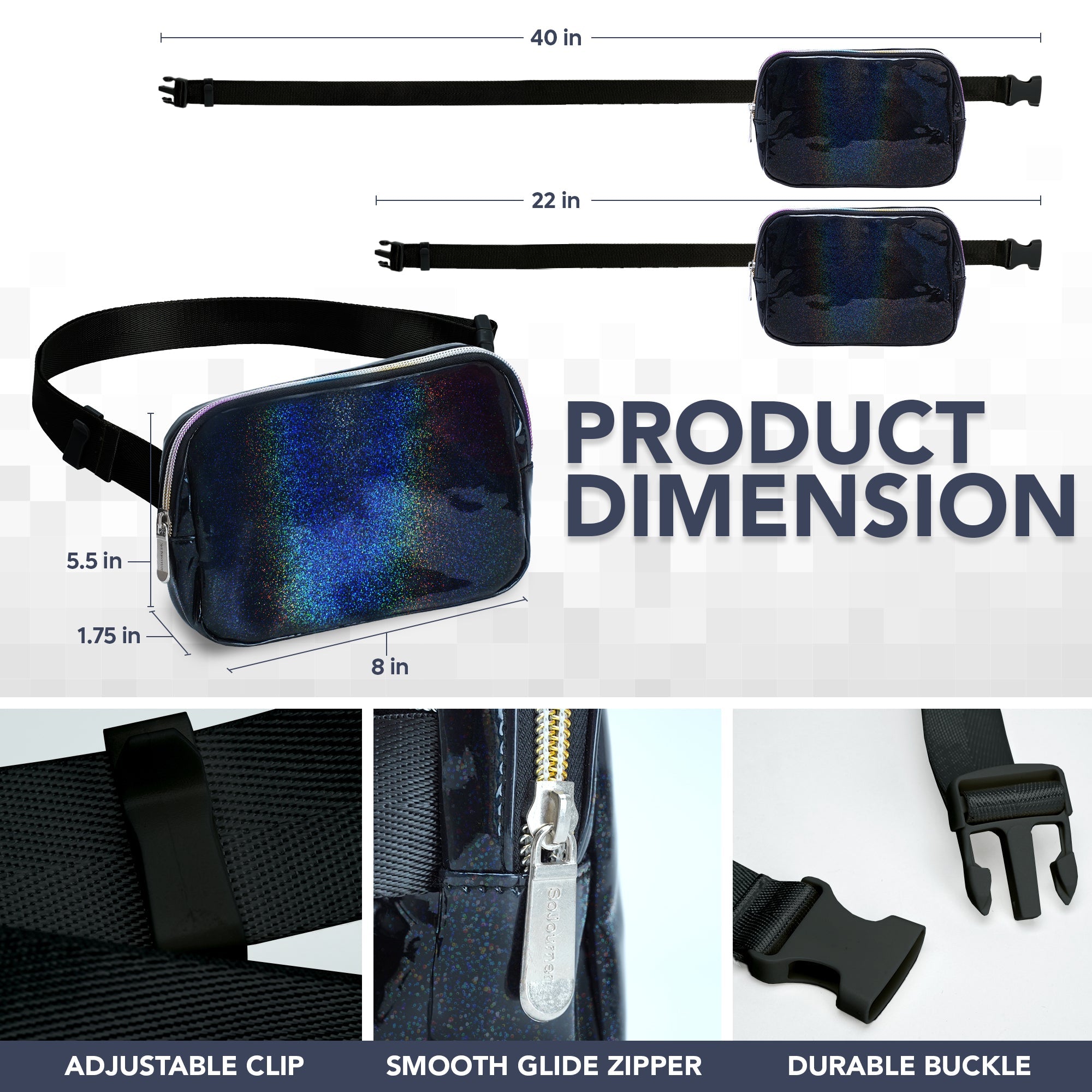 Fanny Pack (1 Pocket) dimensions showing adjustable strap, clip, zipper, and buckle for rave outfits.