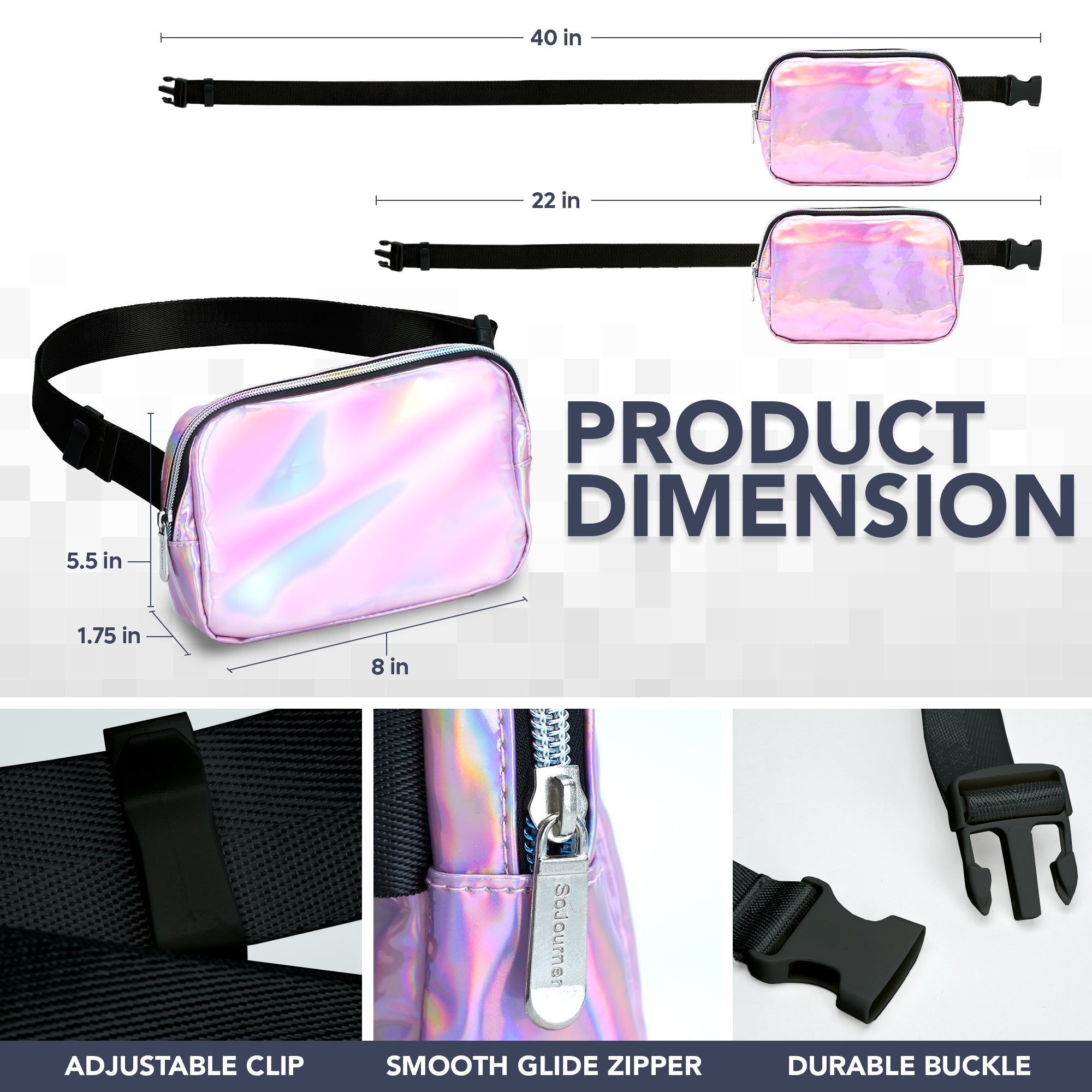 Fanny Pack (1 Pocket) dimensions showing adjustable clip, smooth glide zipper, and durable buckle for stylish functionality.