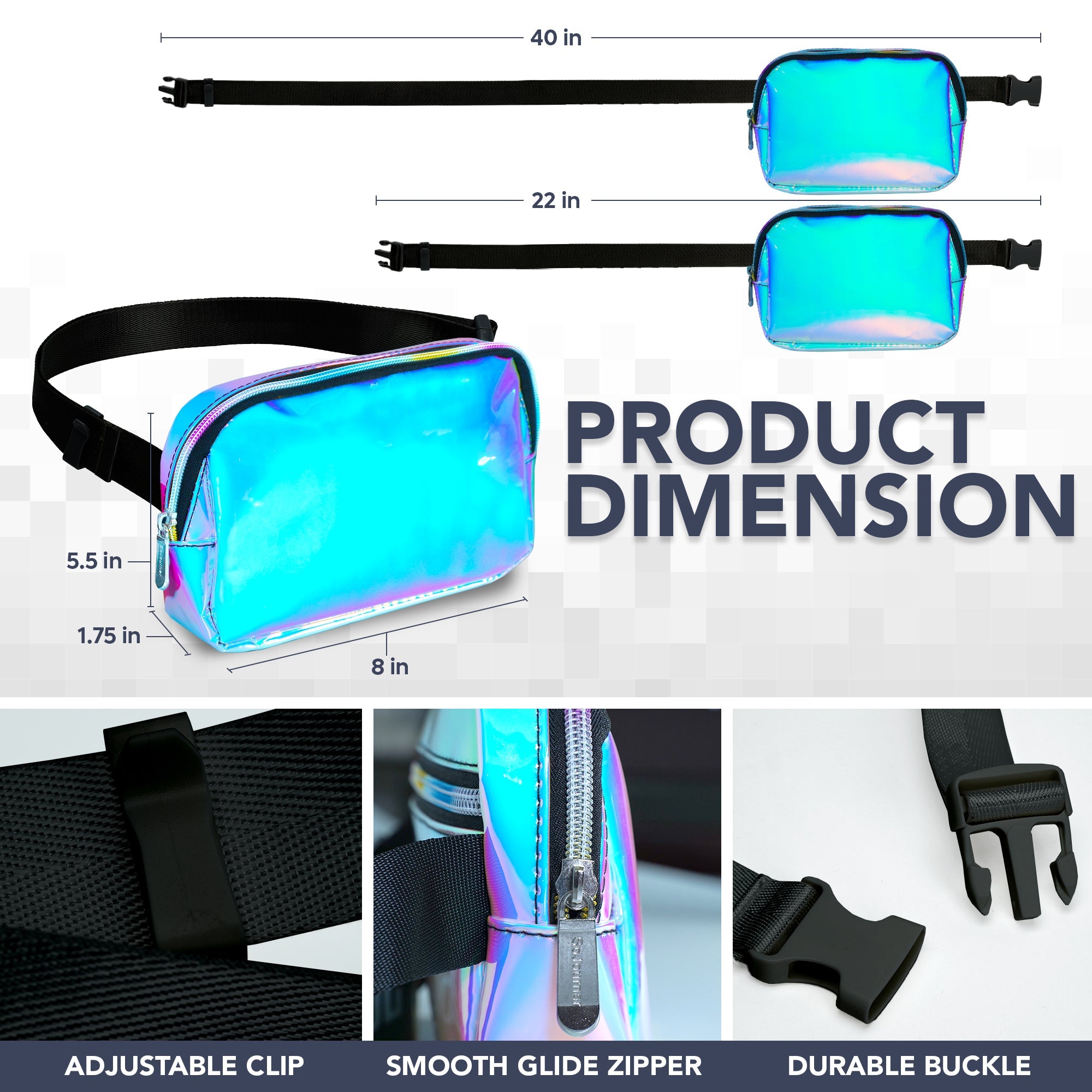 Product dimensions of Fanny Pack (1 Pocket) featuring adjustable clips and smooth glide zippers.