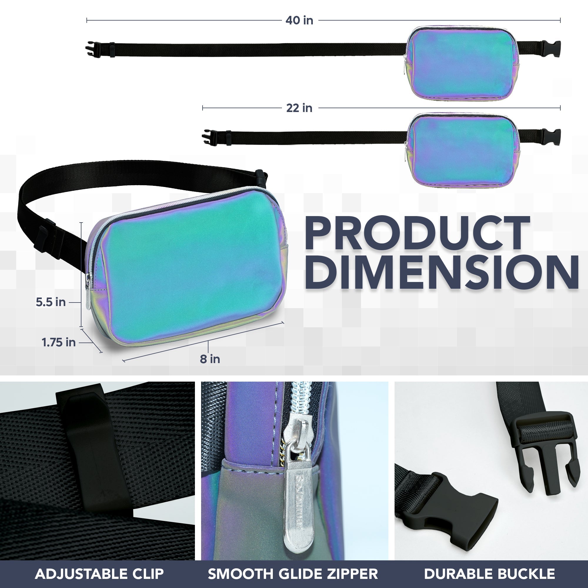 Fanny Pack (1 Pocket) product dimensions showcasing adjustable clip, durable buckle, and smooth glide zipper.