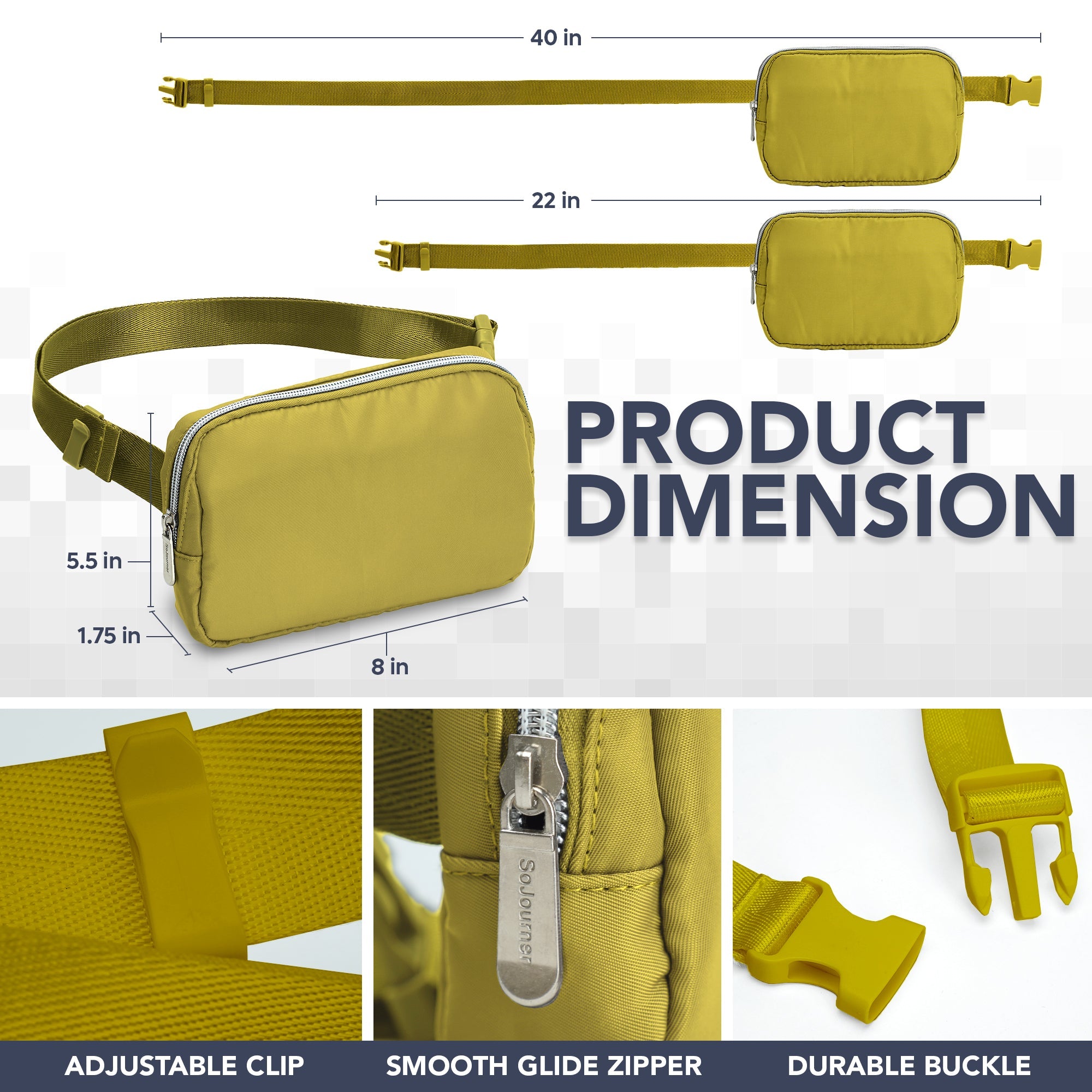 Fanny Pack (1 Pocket) dimensions showcasing adjustable clip, smooth glide zipper, and durable buckle.