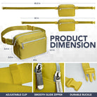 Fanny Pack (3 Pocket) dimensions, adjustable clip, smooth glide zipper, durable buckle, and stylish yellow design.