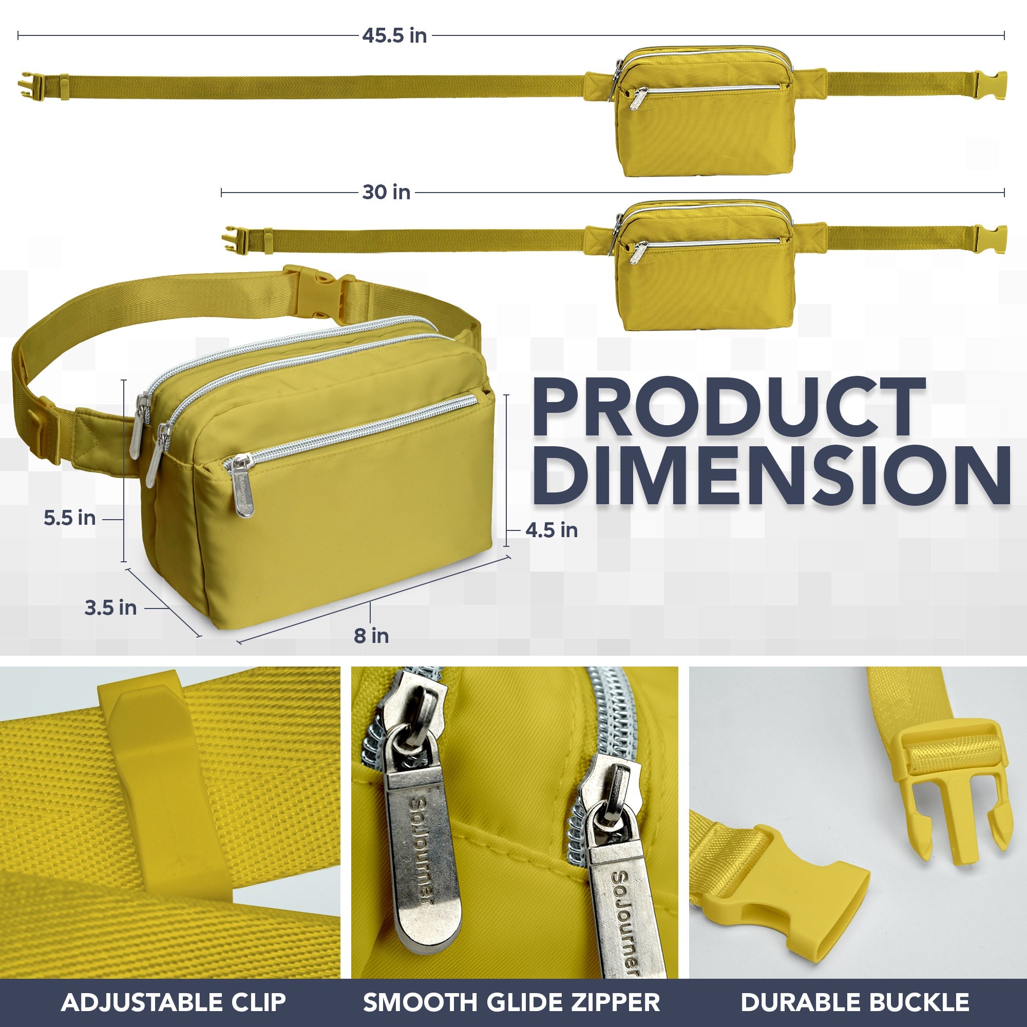 Fanny Pack (3 Pocket) dimensions, adjustable clip, smooth glide zipper, durable buckle, and stylish yellow design.