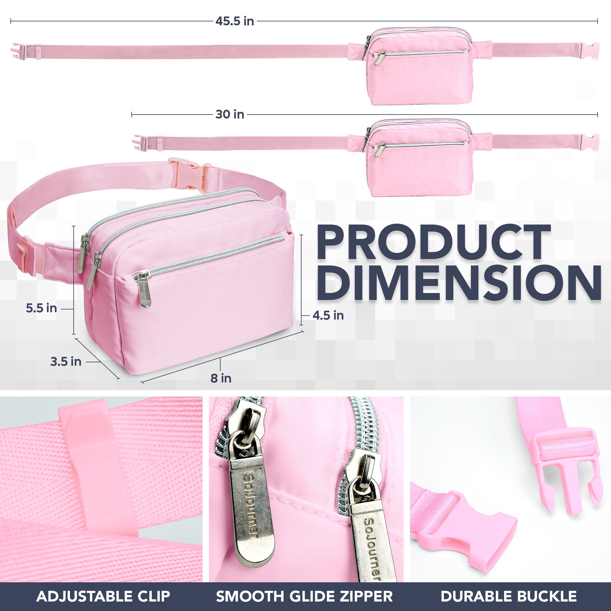 Fanny Pack (3 Pocket) dimensions featuring adjustable clip, smooth glide zipper, and durable buckle.