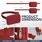 Fanny Pack (1 Pocket) dimensions showing adjustable strap, zipper, and durable buckle in red fabric.