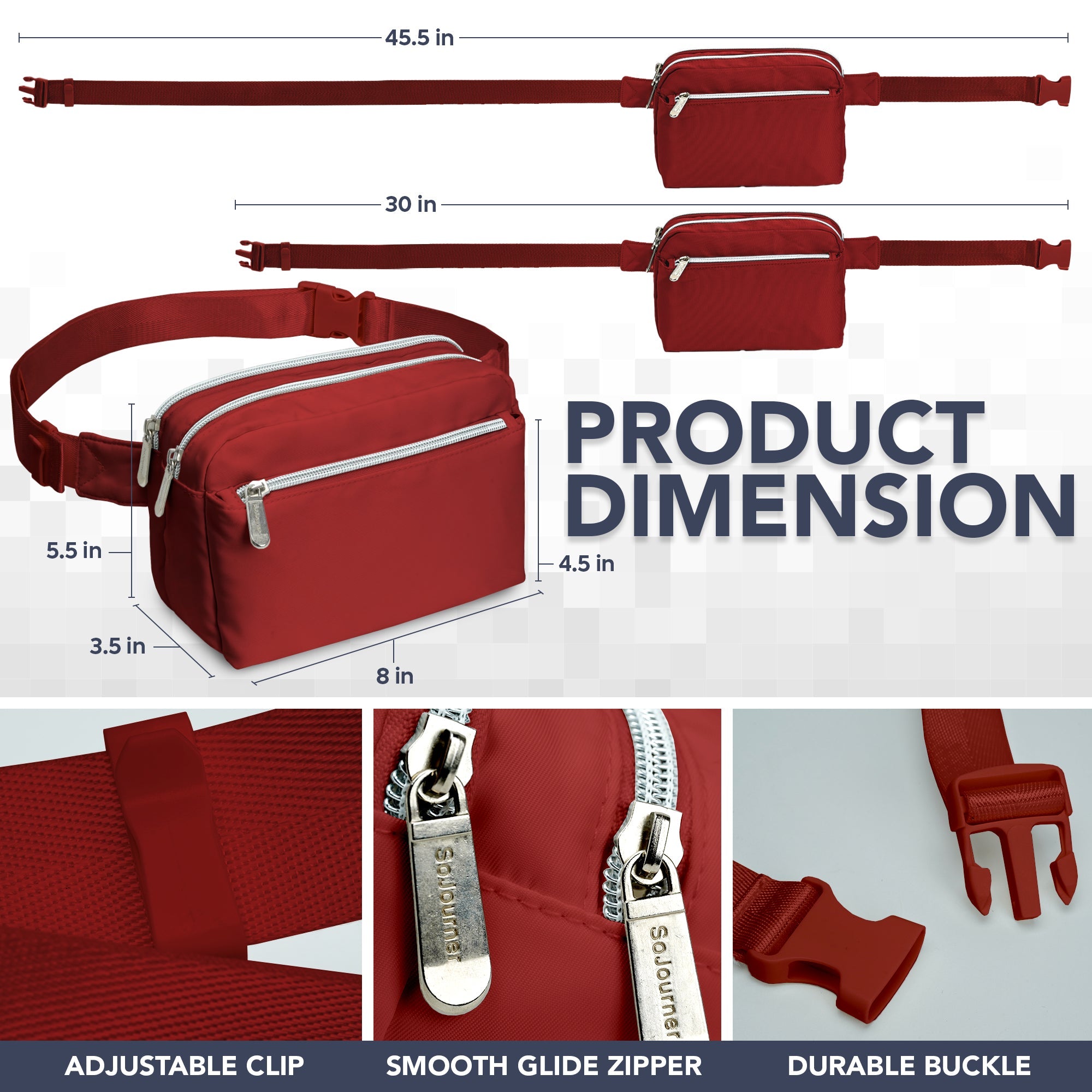 Fanny Pack (3 Pocket) product dimensions with adjustable clip, smooth glide zipper, and durable buckle.