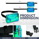 Fanny Pack (1 Pocket) product dimensions showing adjustable clip, smooth glide zipper, and durable buckle.