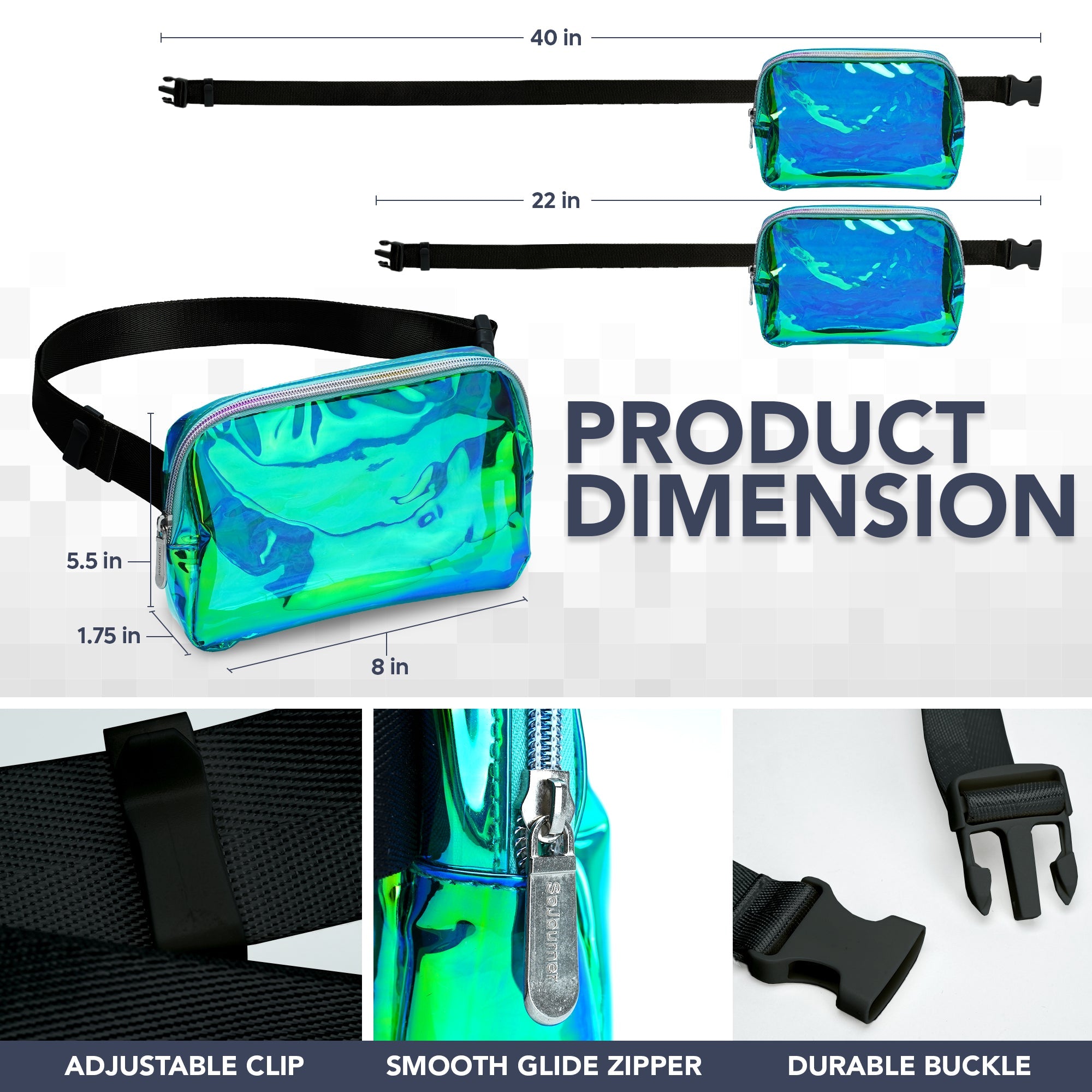 Fanny Pack (1 Pocket) product dimensions showing adjustable clip, smooth glide zipper, and durable buckle.