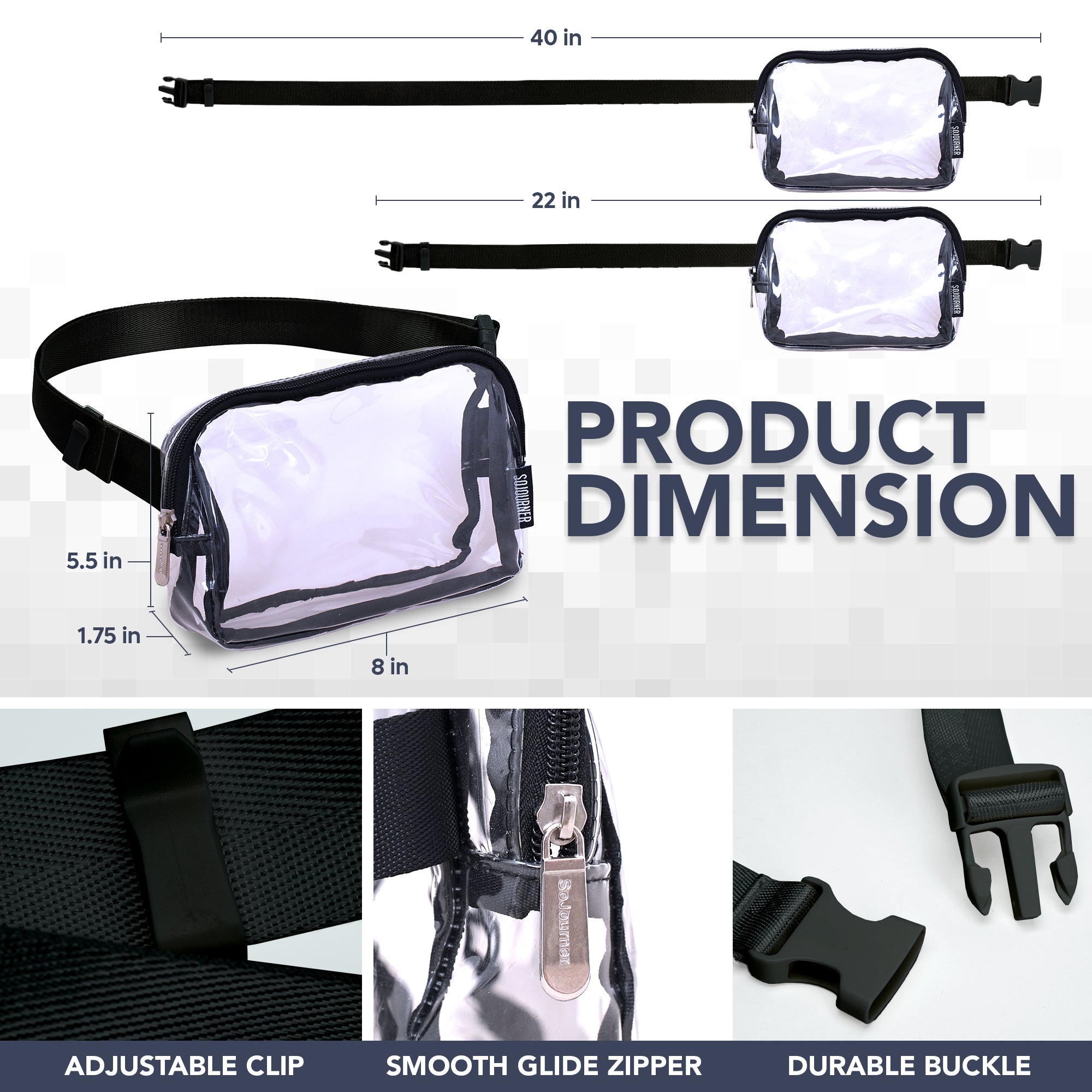 Fanny Pack (1 Pocket) product dimensions showing adjustable clip, buckle, and zipper for rave outfits.