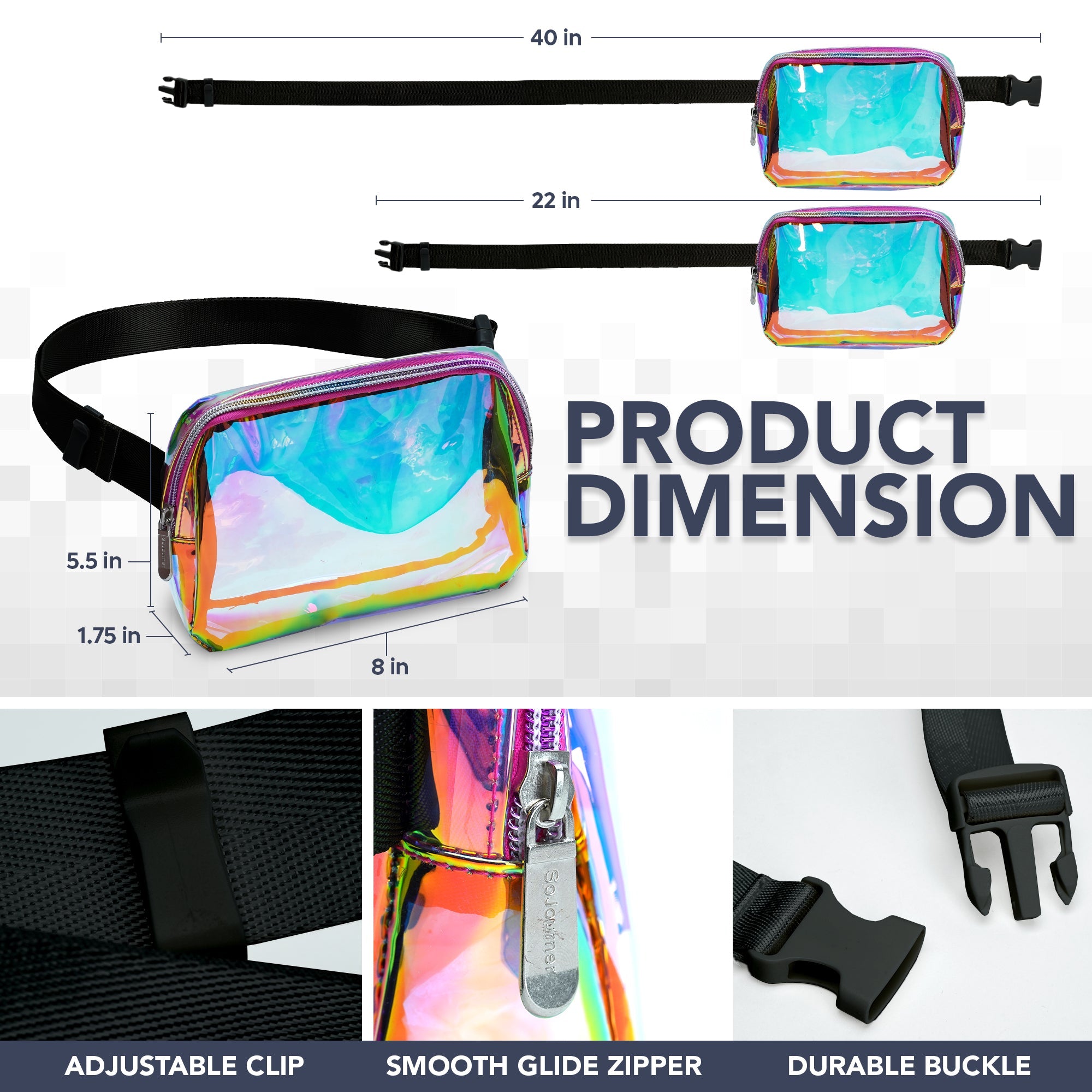 Fanny Pack (1 Pocket) product dimensions showing adjustable clip, zipper, and buckle for versatile use.