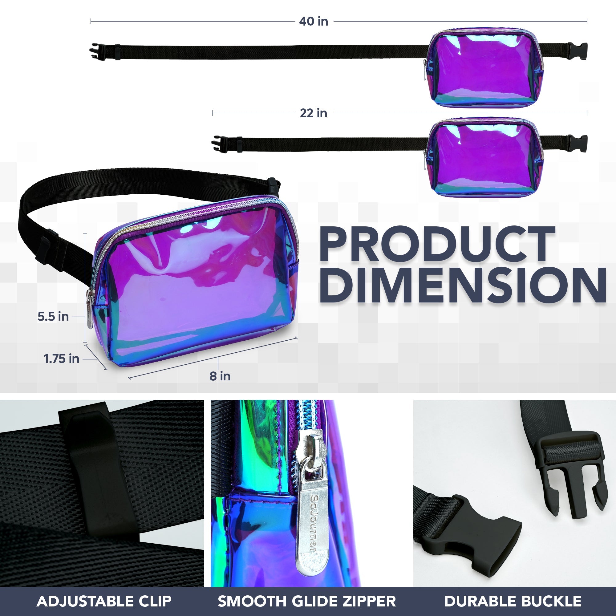 Fanny Pack (1 Pocket) product dimensions showing adjustable straps, smooth zipper, and durable buckle features.