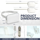 Fanny Pack (1 Pocket) product dimensions including adjustable clip, smooth glide zipper, and durable buckle.