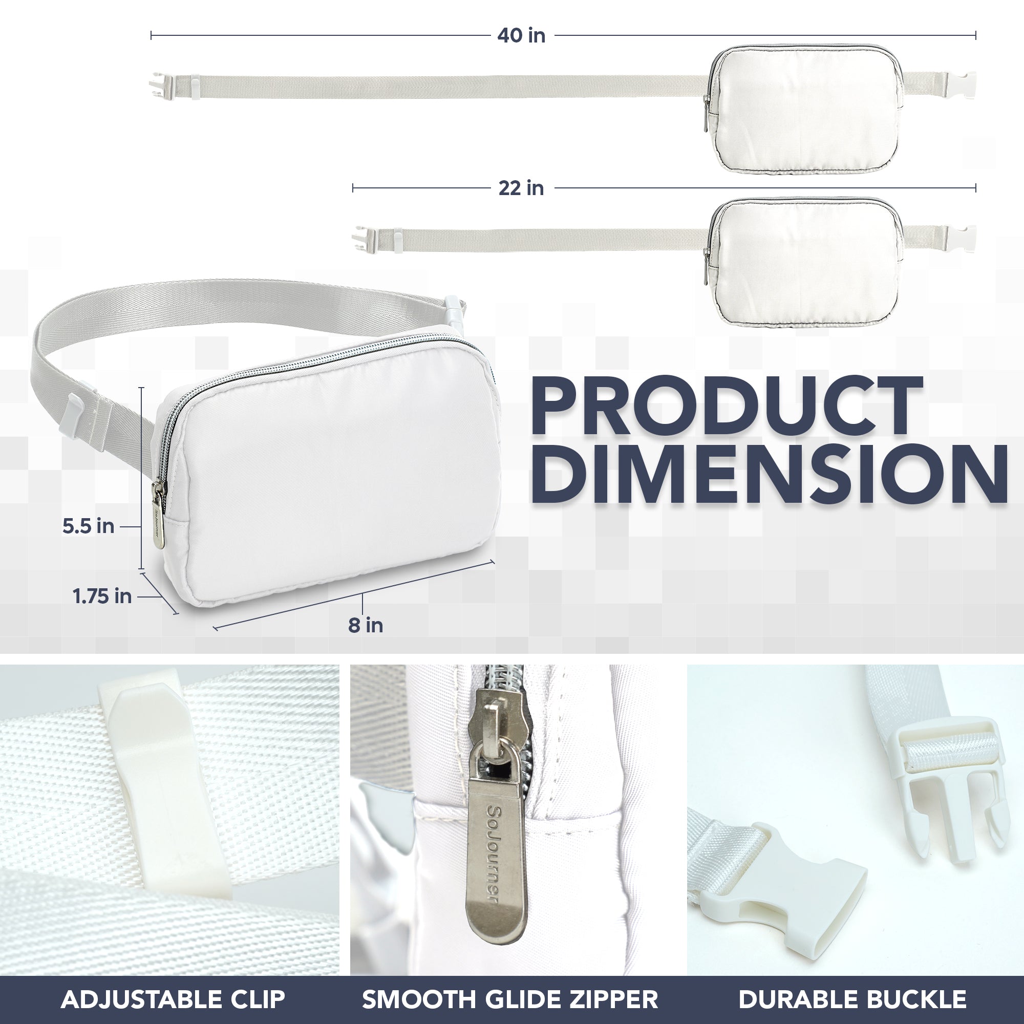 Fanny Pack (1 Pocket) product dimensions including adjustable clip, smooth glide zipper, and durable buckle.