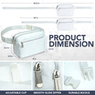 Fanny Pack (3 Pocket) product dimensions showing adjustable clip, smooth glide zipper, and durable buckle.