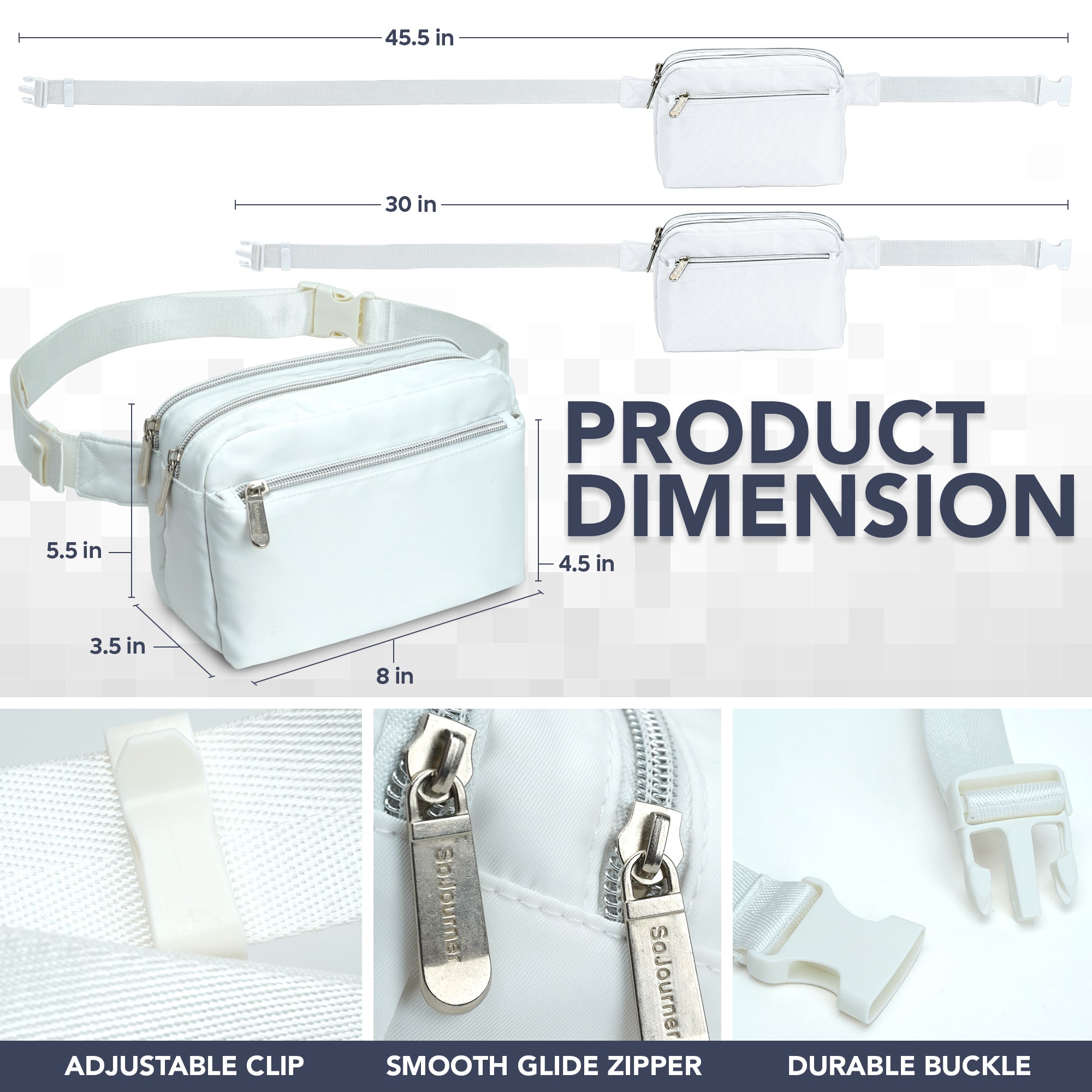 Fanny Pack (3 Pocket) product dimensions showing adjustable clip, smooth glide zipper, and durable buckle.