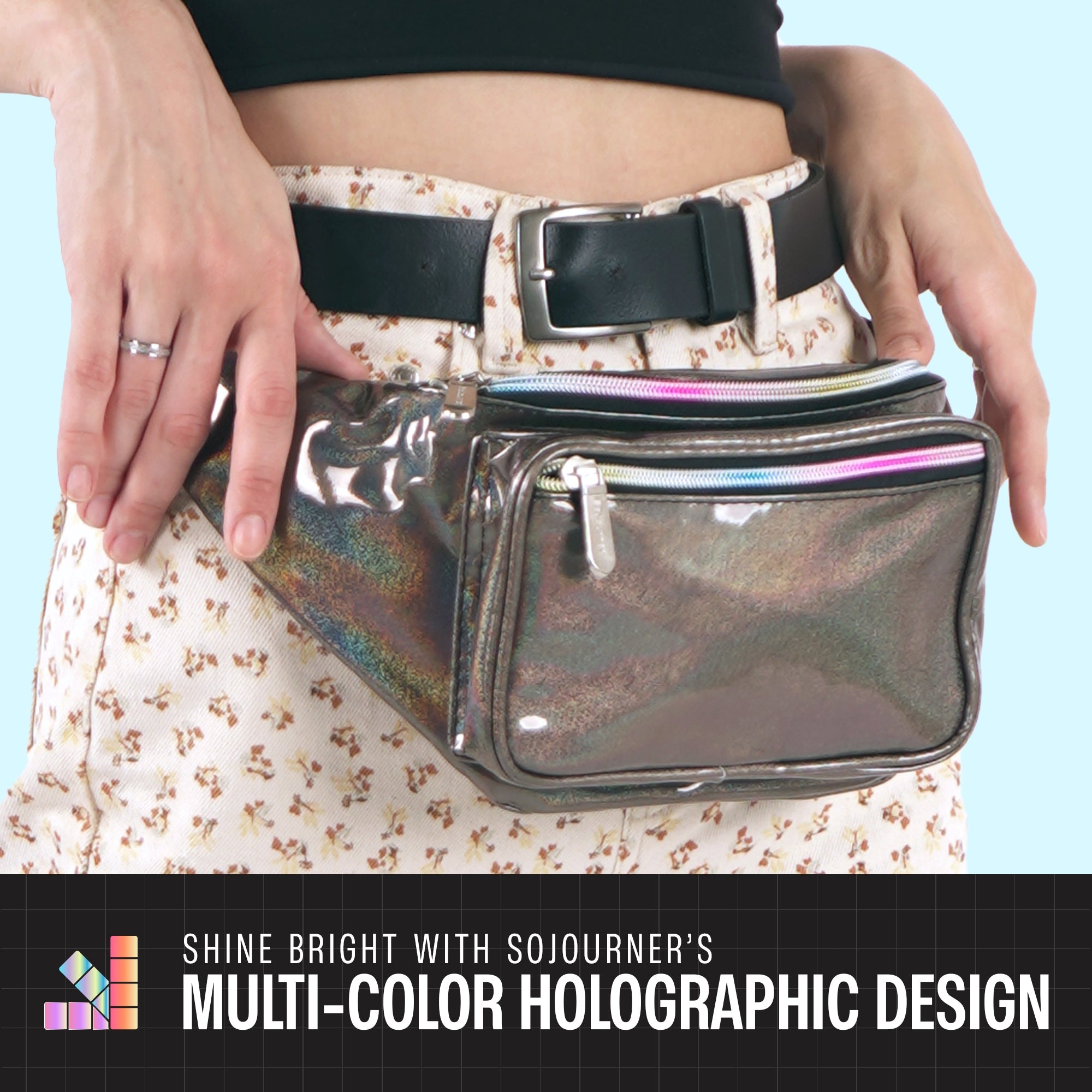 Rave Fanny Pack with multi-color holographic design worn at a music festival for stylish convenience.