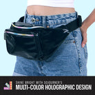 Rave Fanny Pack in multi-color holographic design worn at a music festival, perfect for rave outfits and active lifestyles.