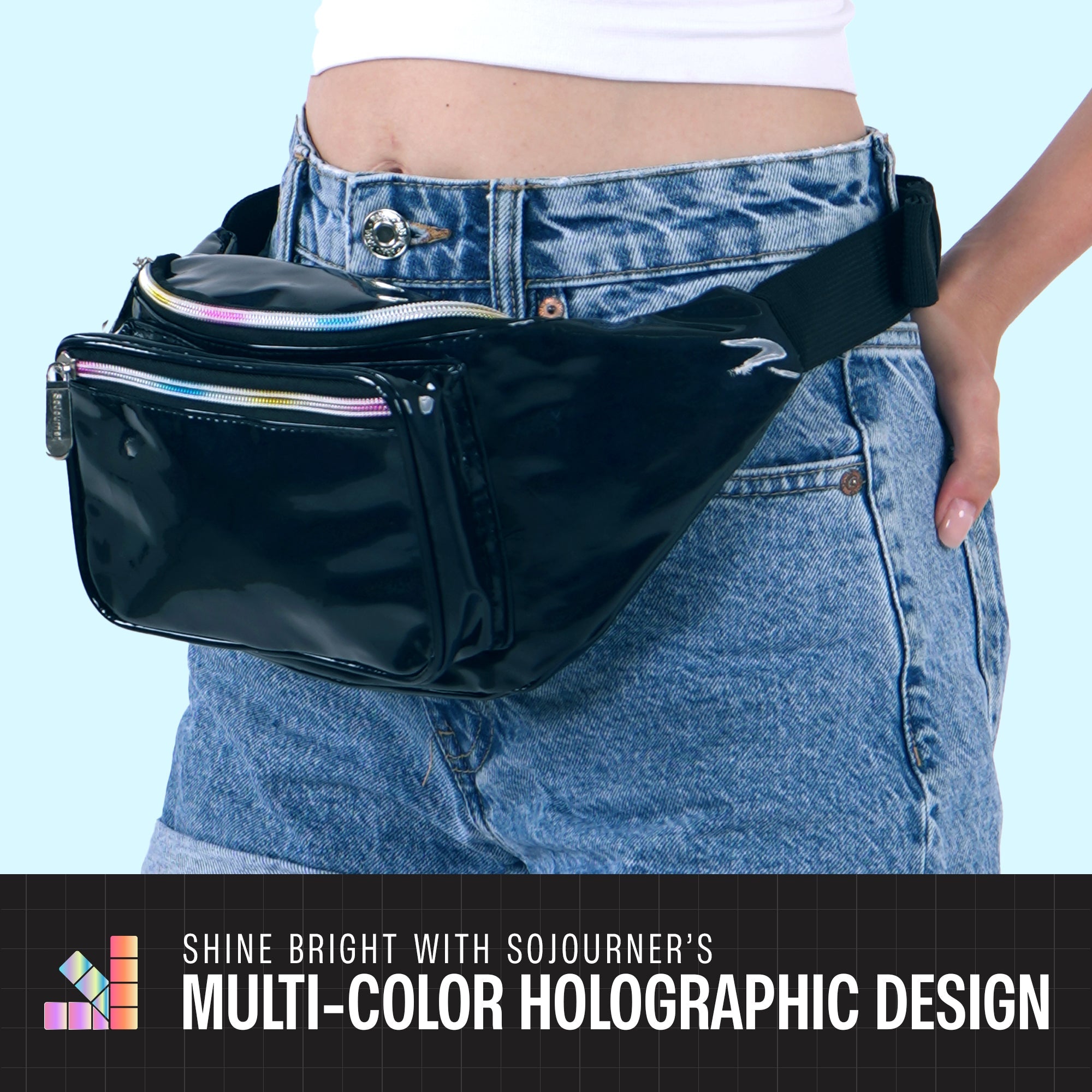 Rave Fanny Pack in multi-color holographic design worn at a music festival, perfect for rave outfits and active lifestyles.