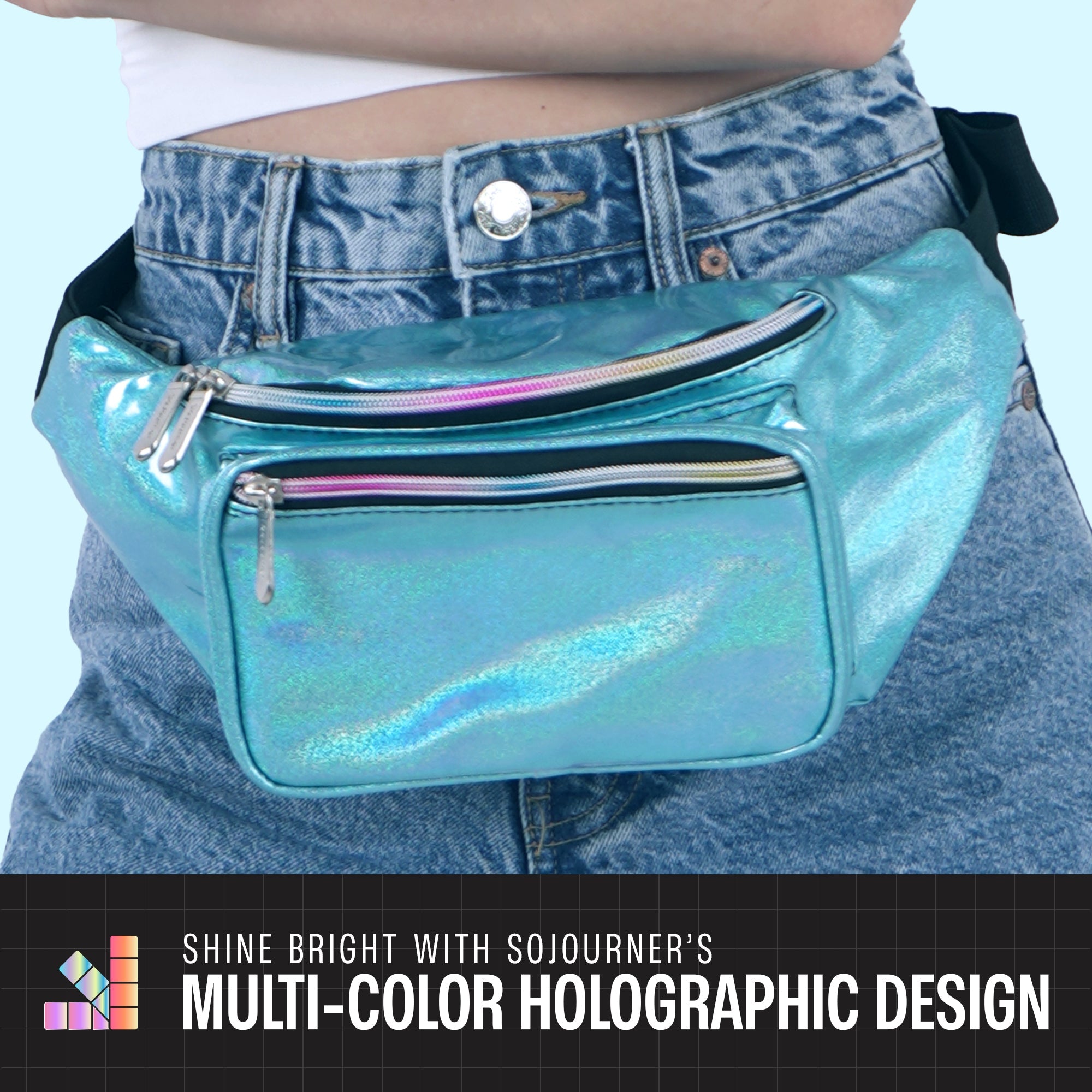 Rave Fanny Pack in a multi-color holographic design, perfect for rave outfits and music festivals.