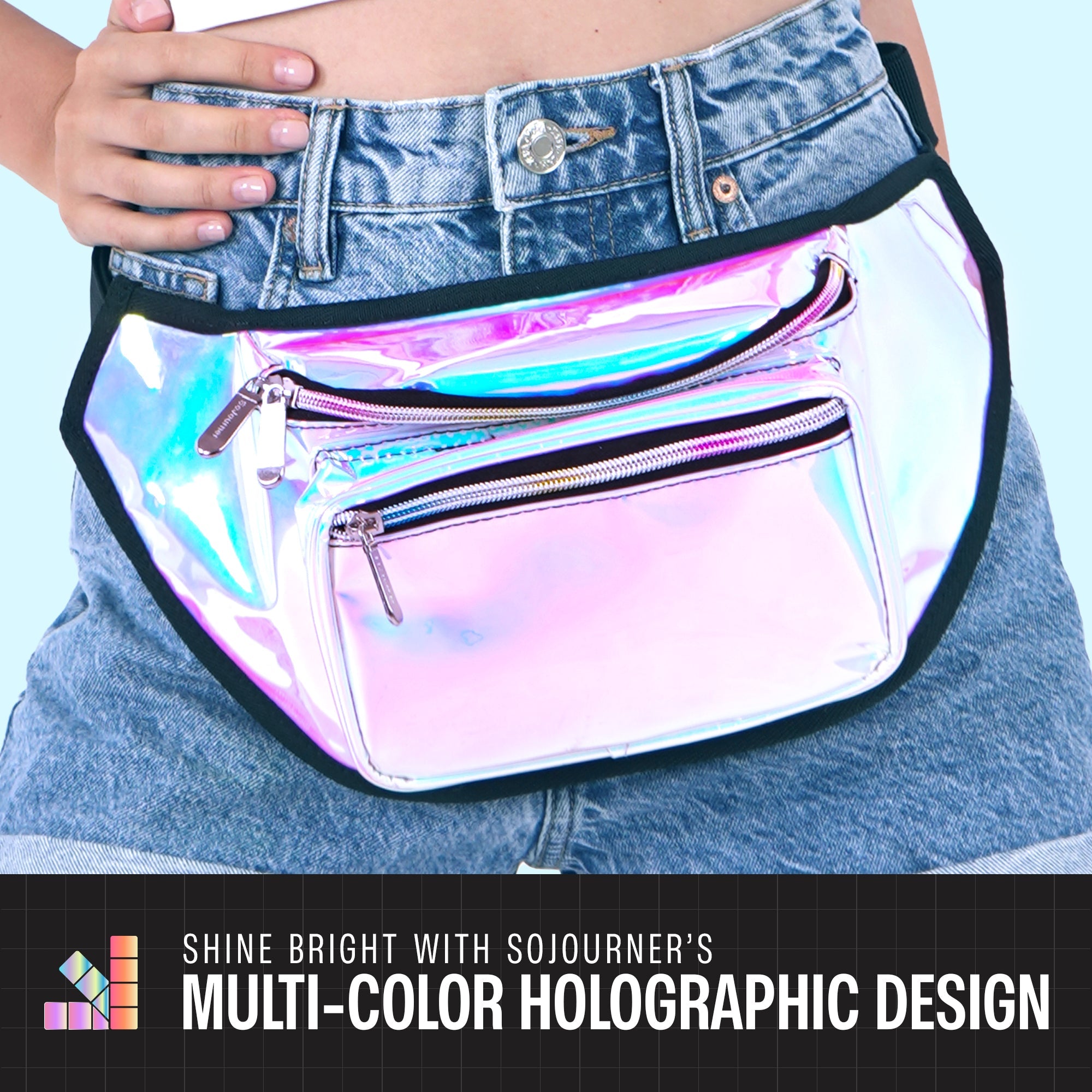 Rave Fanny Pack featuring a multi-color holographic design, perfect for festivals and active lifestyles.