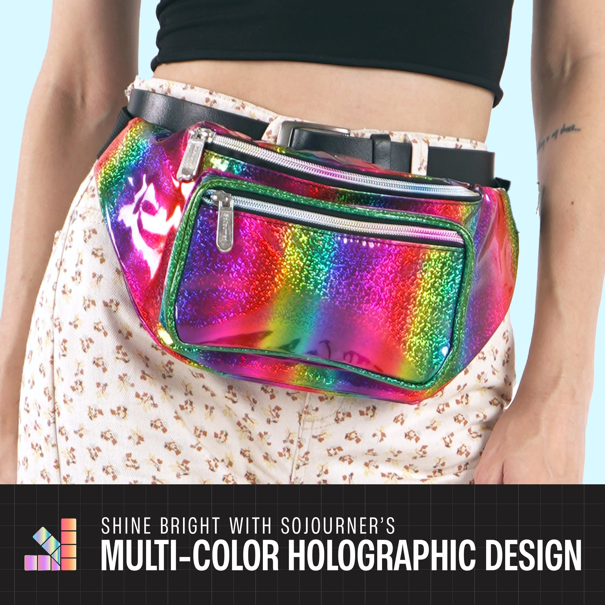 Rave Fanny Pack with multi-color holographic design, perfect for music festivals and parties.