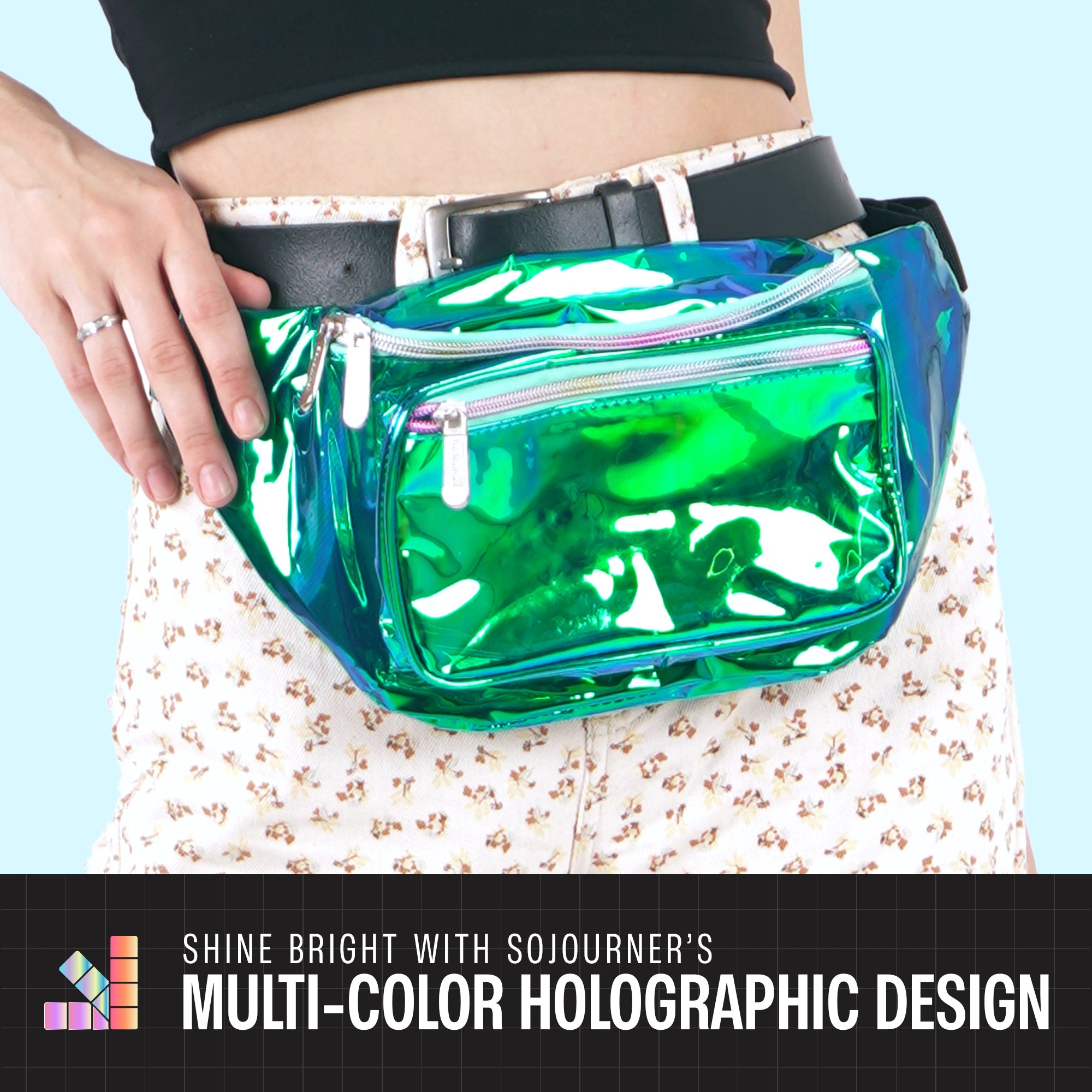Rave Fanny Pack with multi-color holographic design for festivals and outdoor activities.