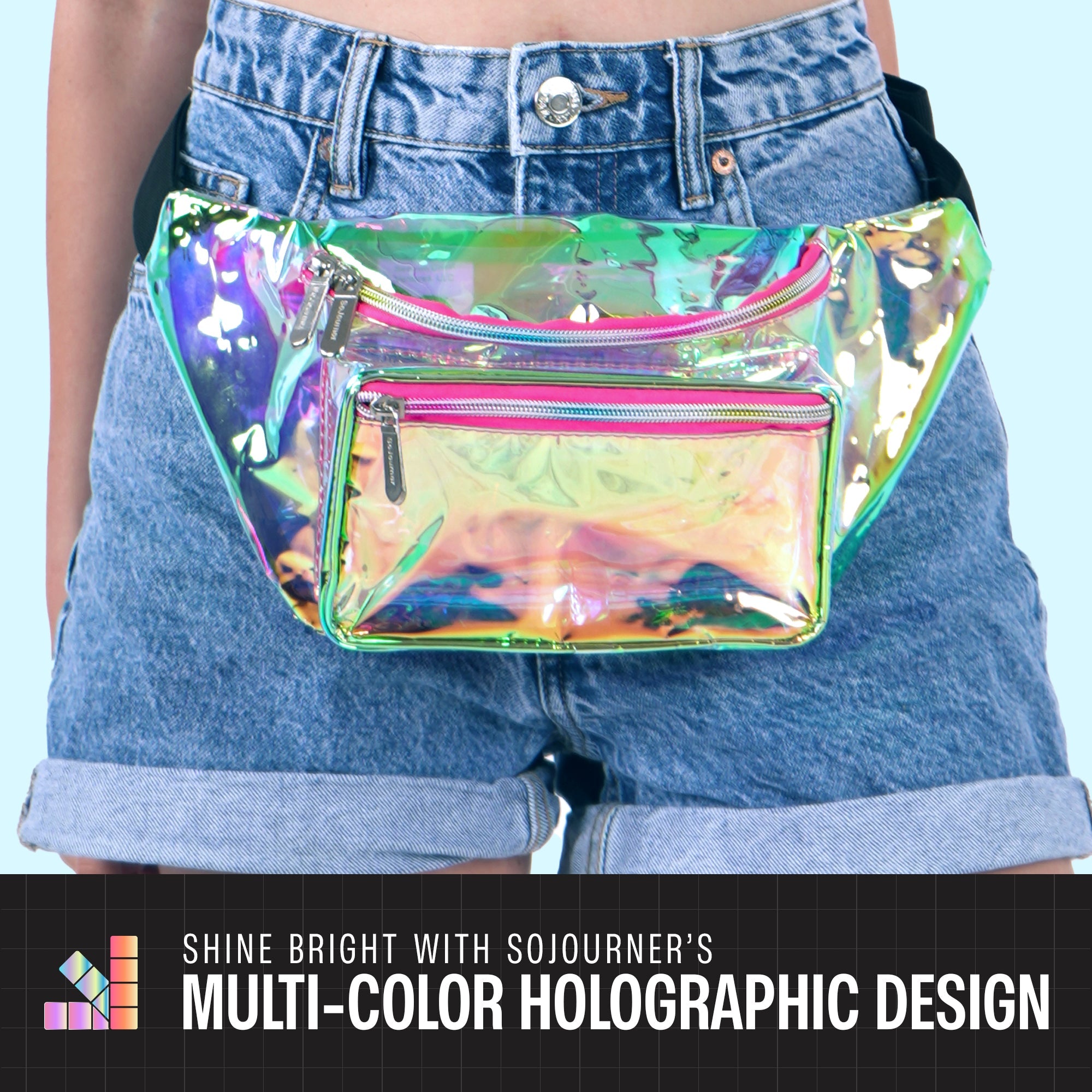 Rave Fanny Pack featuring multi-color holographic design worn at a music festival or party.