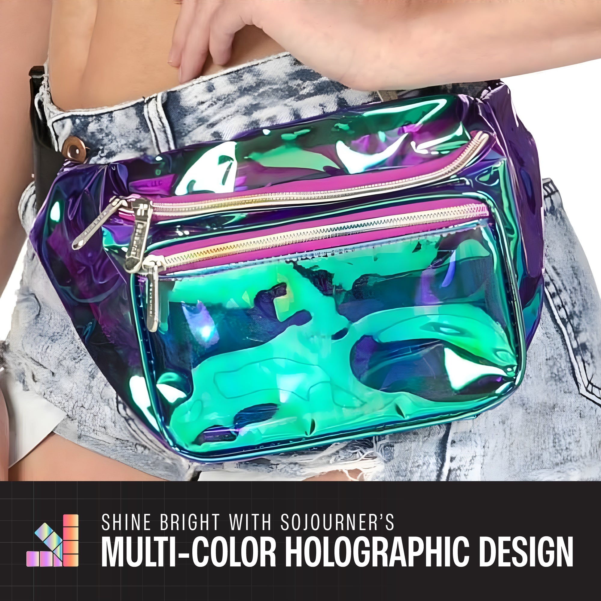Rave Fanny Pack with multi-color holographic design, perfect for festivals and parties.