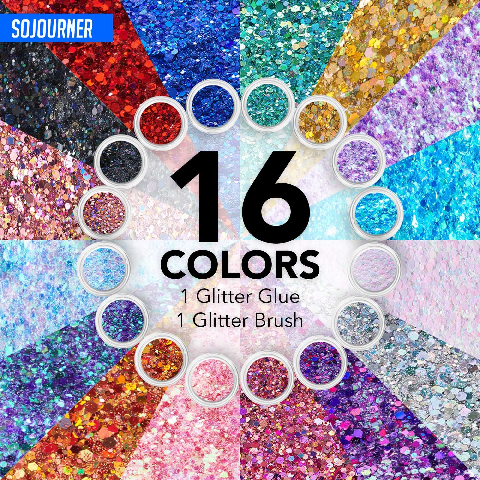 16 pack + 1 glitter glue Chunky Cosmetic Holographic Glitter | Body, Face & Hair Safe in assorted colors