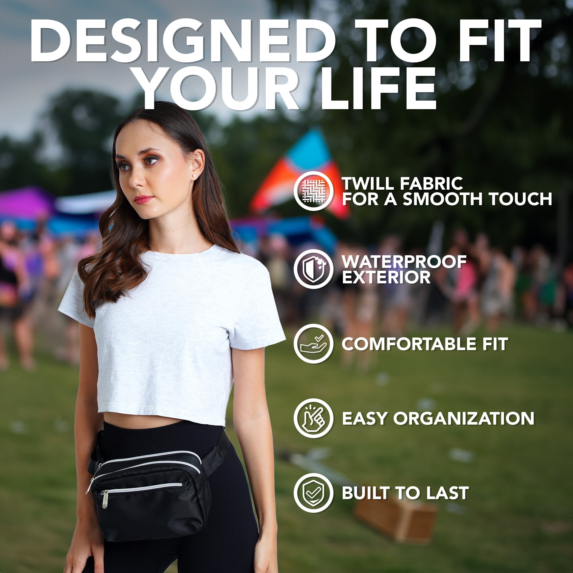 Fanny Pack (3 Pocket) worn by woman showcasing stylish design and versatile features for rave outfits.